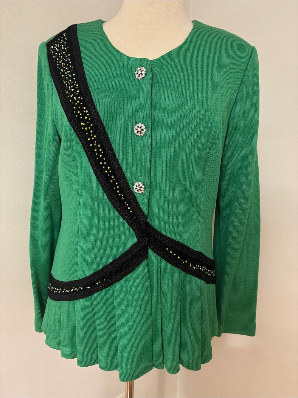 Donna Vinci Green Knit Peplum Sweater with Black Trim and Rhinestone Buttons